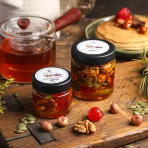 Мед цветочный с ореховым ассорти и вишней Вековая пасека 100 г